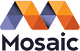 Mosaic Logo: A wide large purple and orange capital M on a white background constructed from 13 equilateral triangles sits atop the word "Mosaic" rendered in black.