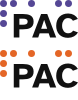 PAC Logo: White capital letters spell out PAC, while the purple Braille letters P, A and C frame the top-left corner of the P and sit above the text